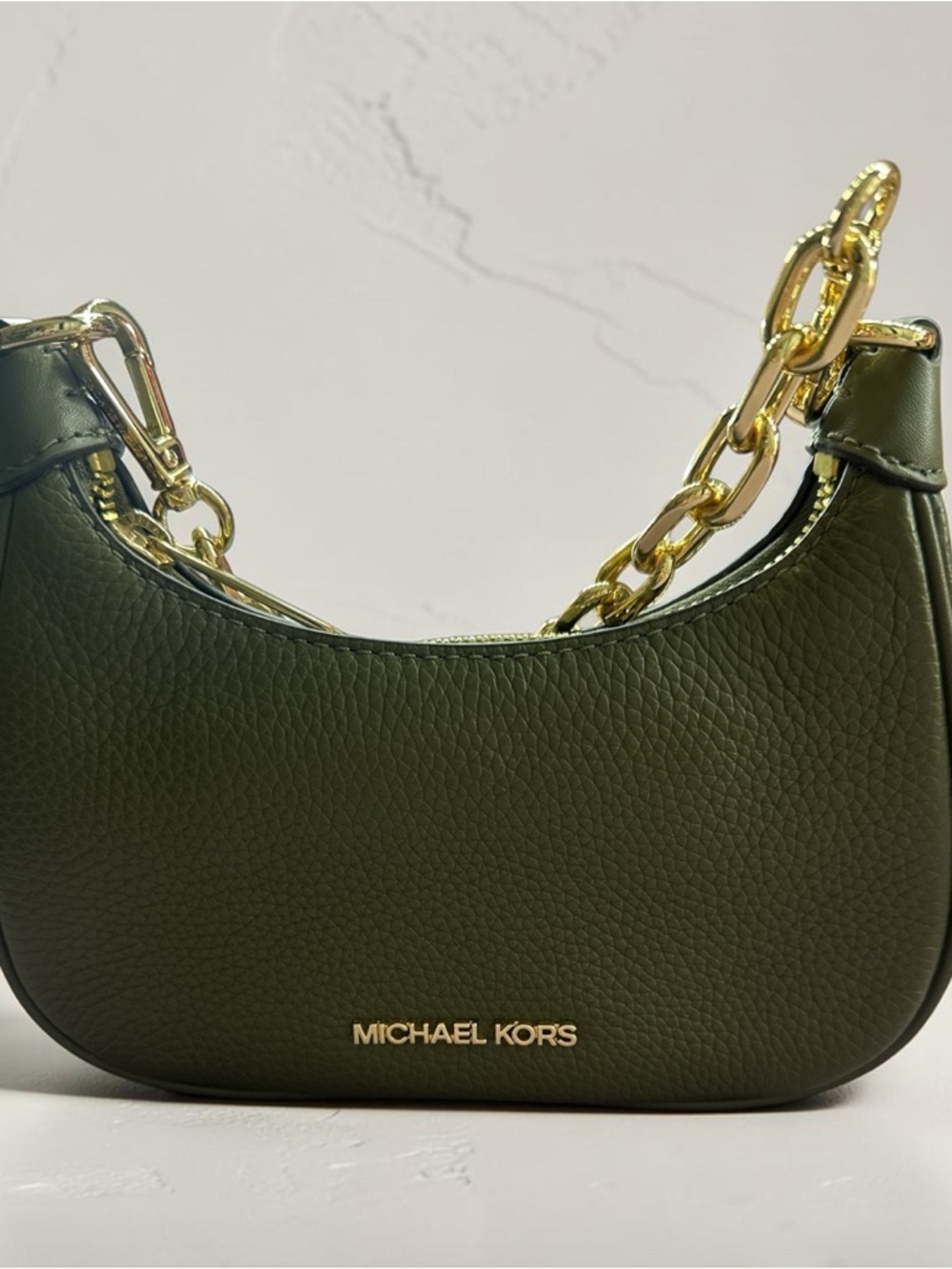 Michael Kors Olive Pebbled Leather Shoulder Bag with Gold Chain